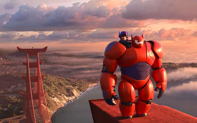 ▲ 电影中Hiro和大白脚下的“京门大桥”，桥顶端被灌入了明显的日本元素