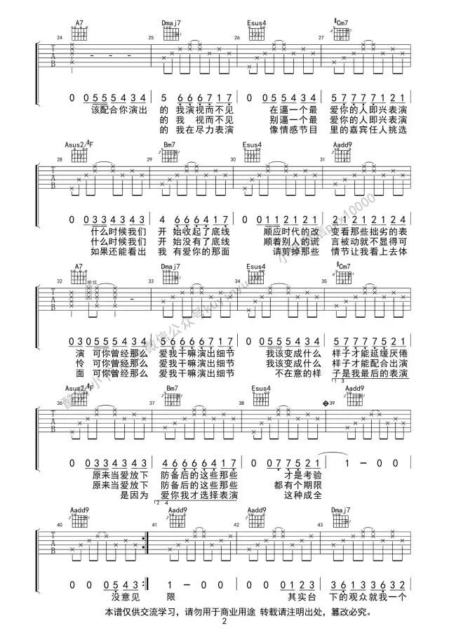 《演员》A调吉他谱&教学视频+C调吉他谱(演员吉他谱教学视频完整版)
