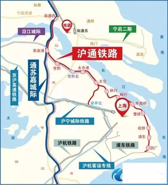 南通出发经苏州到嘉兴的通苏嘉铁路,以及上海到宁波的跨海铁路等