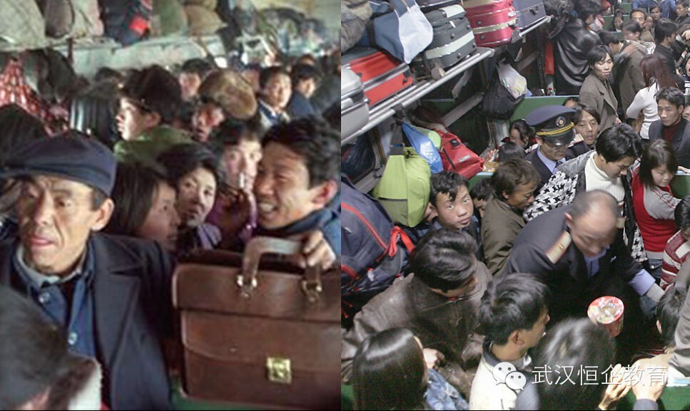 左:90年代,试图从车窗钻进火车的女乘客.