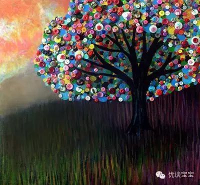 一、基础款:扣子粘贴画随便一摆,就成树啊,鸟啊,月亮什么的,甚