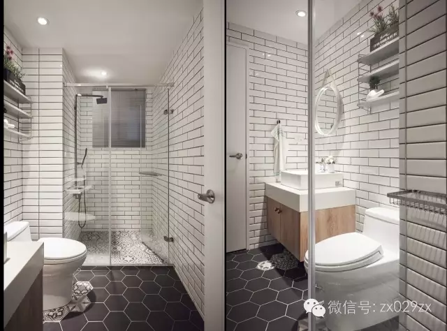 北歐風格的衛生間，地面深色六棱六角瓷磚鋪貼，牆面白色格子瓷磚，一般搭配原木的浴櫃