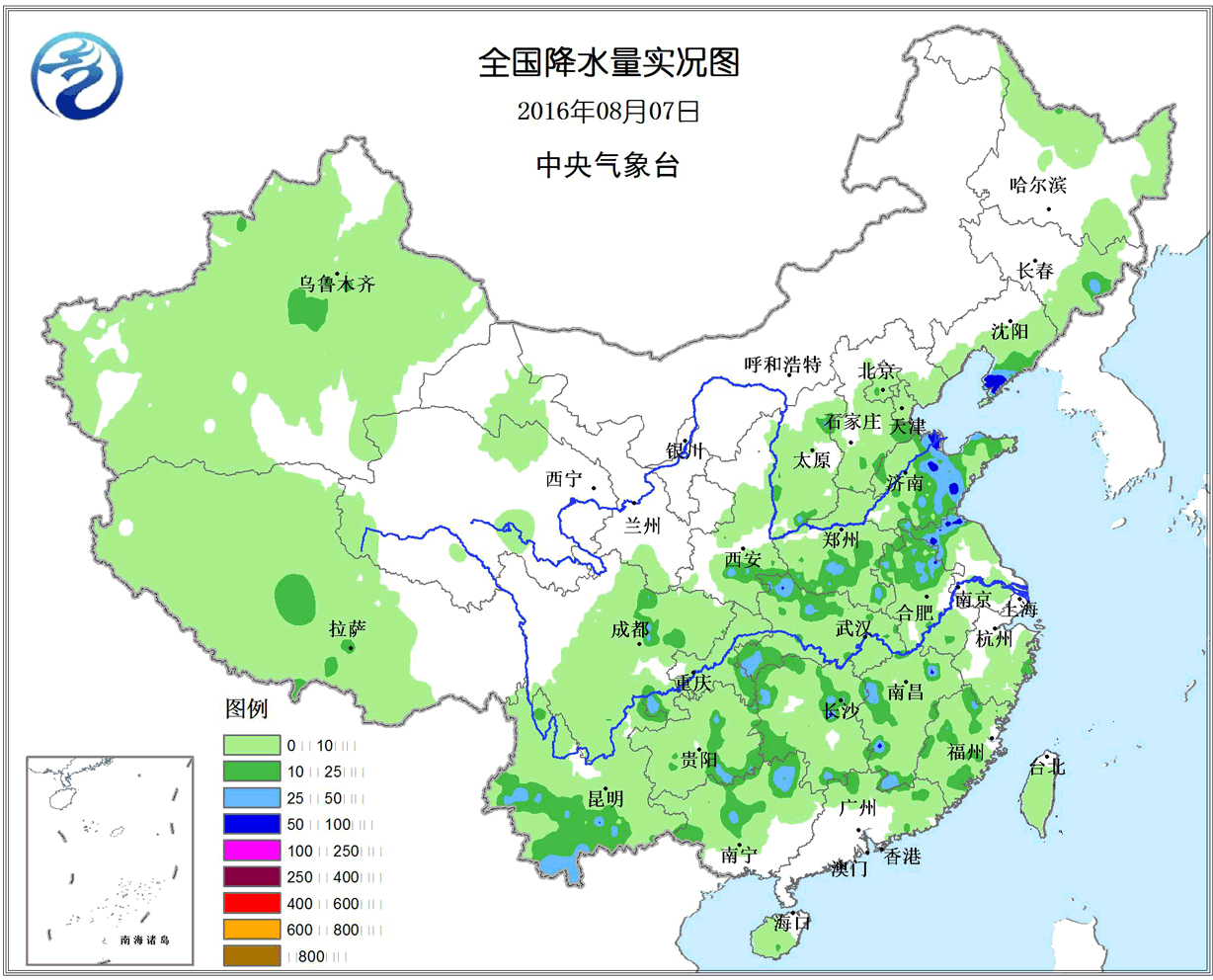 8月7~9日全国降水量分布图