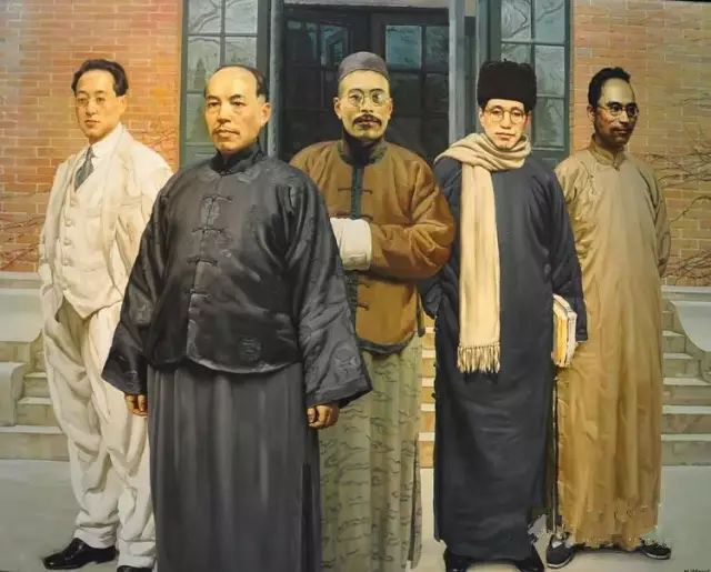 陈丹青《国学研究院》,从左至右赵元任、梁启超、王国维、陈寅恪、吴宓