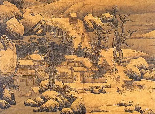 (宋人佚名《雪栈牛车图》局部)