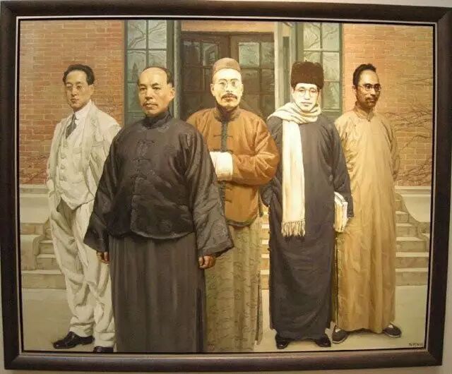陈丹青《国学研究院》,从左至右赵元任、梁启超、王国维、陈寅恪、吴宓