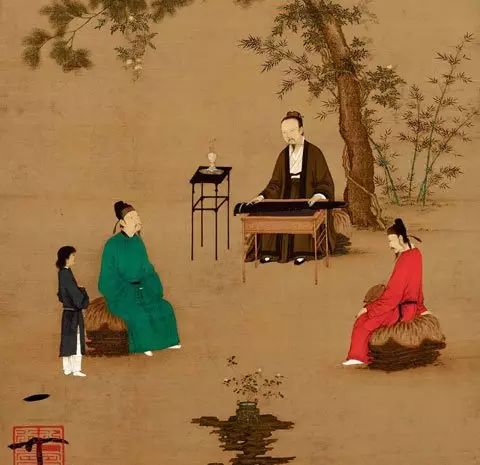 宋徽宗《听琴图》,相传图中弹琴者为宋徽宗自画像。