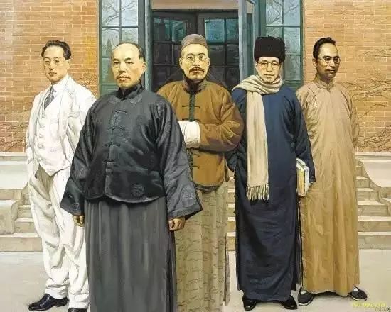 陈丹青《国学研究院》,从左至右赵元任、梁启超、王国维、陈寅恪、吴宓