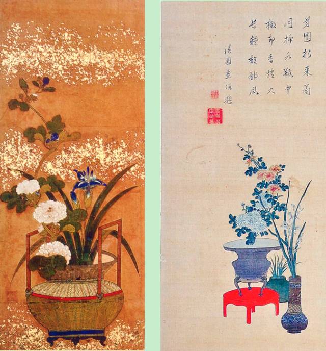 图14, 十七至十八世纪所作“插花图屏风”(左) 图15,1716-64年,柳沢淇园“瓶花图屏风”(右)
