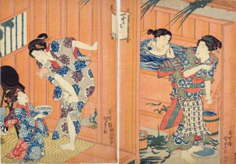 图10,江户时代香蝶楼国貞『五節句ノ内皐月』(局部),绘有房檐插菖蒲、沐浴菖蒲时欢乐的节日气氛(右)