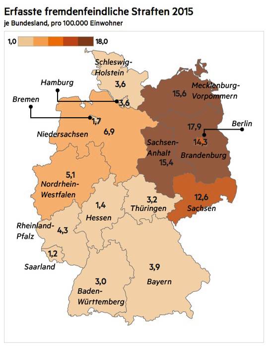 德国哪个州"排外犯罪"案件最多?图片