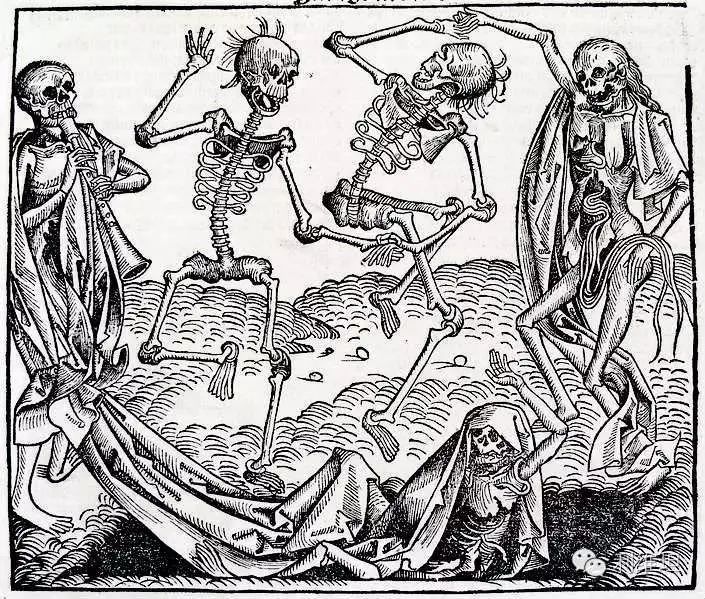 死亡之舞或骷髅之舞,受到黑死病的启发,普遍出现在中世纪晚期的绘画