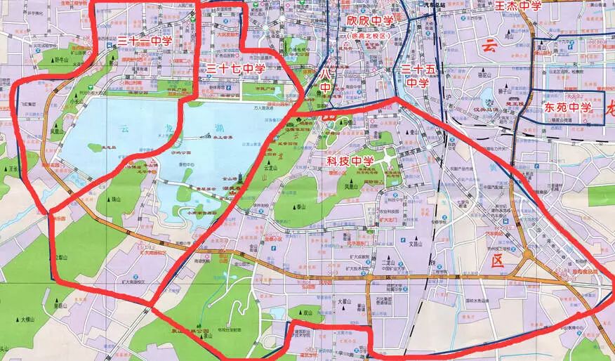 一中学 东到二环西路,南到湖中路,珠山西路,西到原泉山区与九里区区界