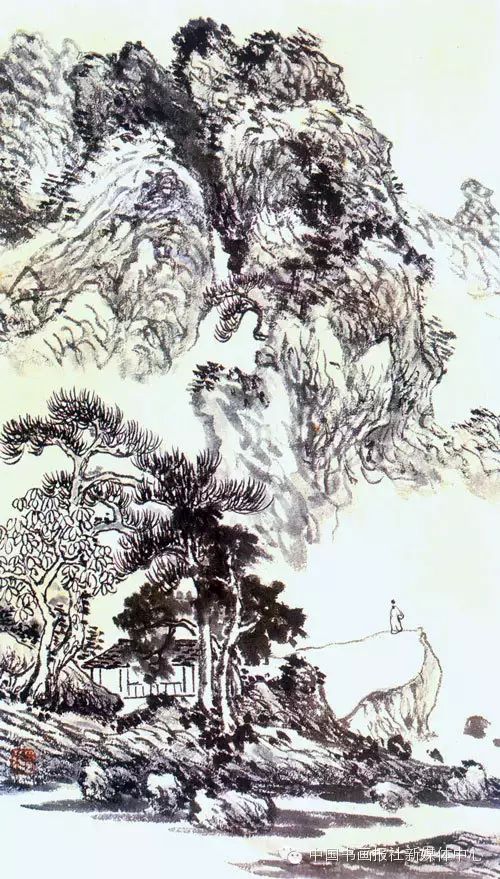 《雁荡奇峰》借用王蒙解索,牛毛皴作奇峰怪石,求其自然生动.