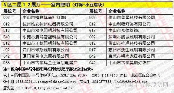 2016光亚展企业及展位号A区二层1.2、2.2、3.2、4.2、5.2展厅