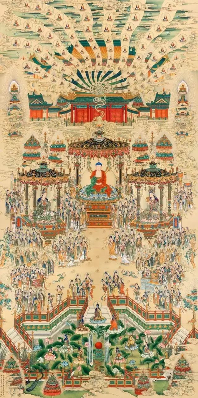 像花开,七宝树,八功德水,这些都是《阿弥陀经》里讲的,其实是让我们