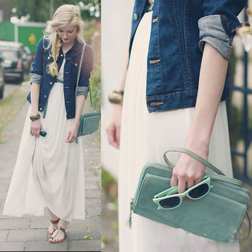 秋季女神穿衣搭配：牛仔外套配长裙美翻天