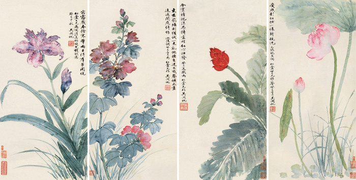吴湖帆《花卉四屏》设色纸本屏轴4件52×25 cm