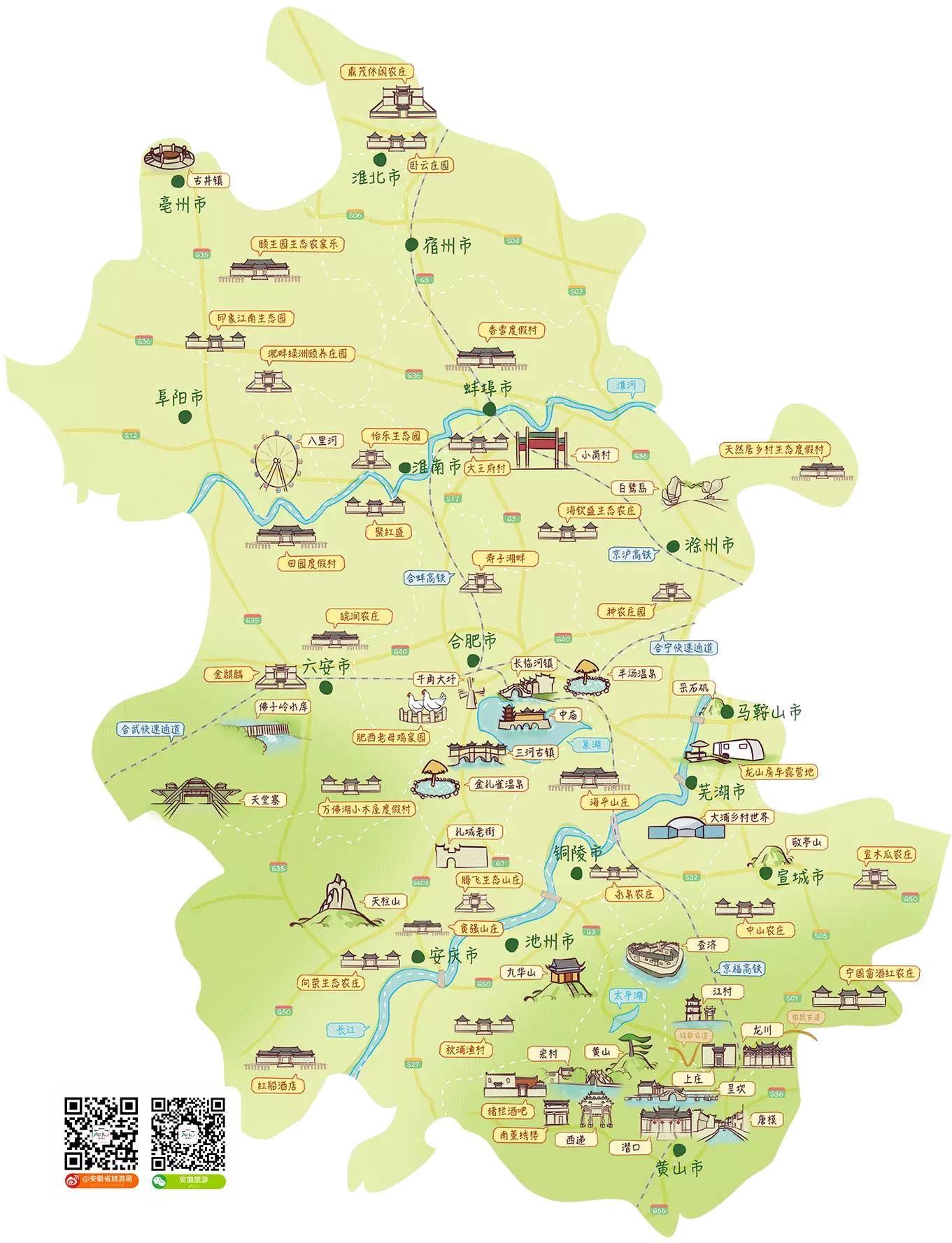 手绘版安徽乡村旅游地图