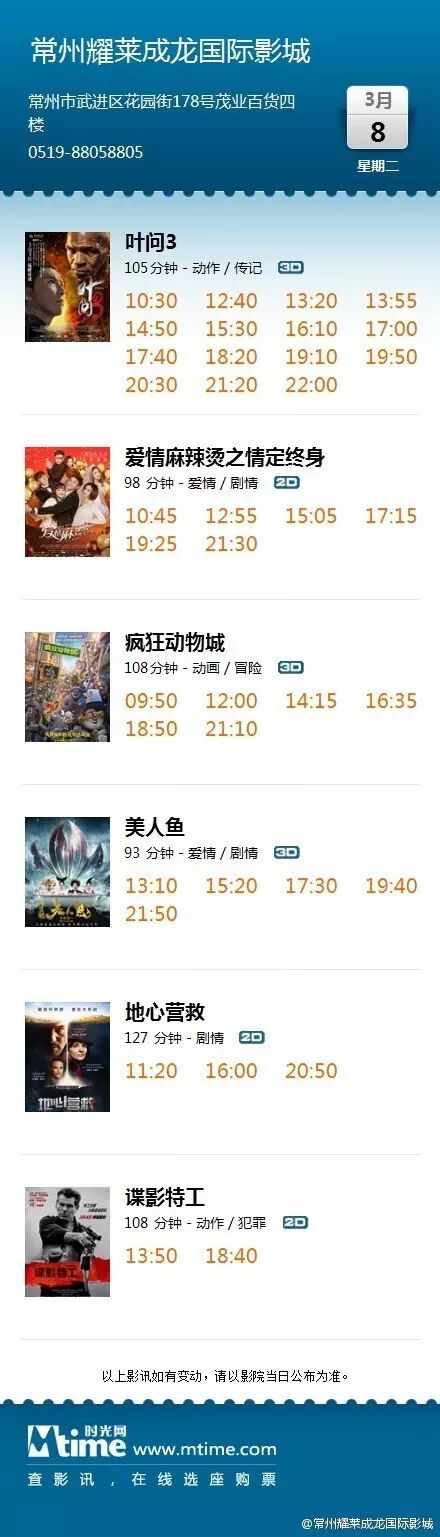 常州耀莱成龙国际影城2016年3月8日最新影讯