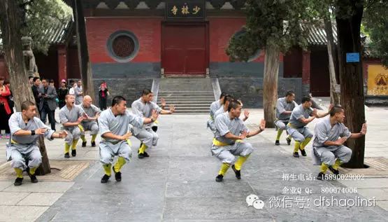 少林延鲁武术学校学员在少林门前表演少林功夫