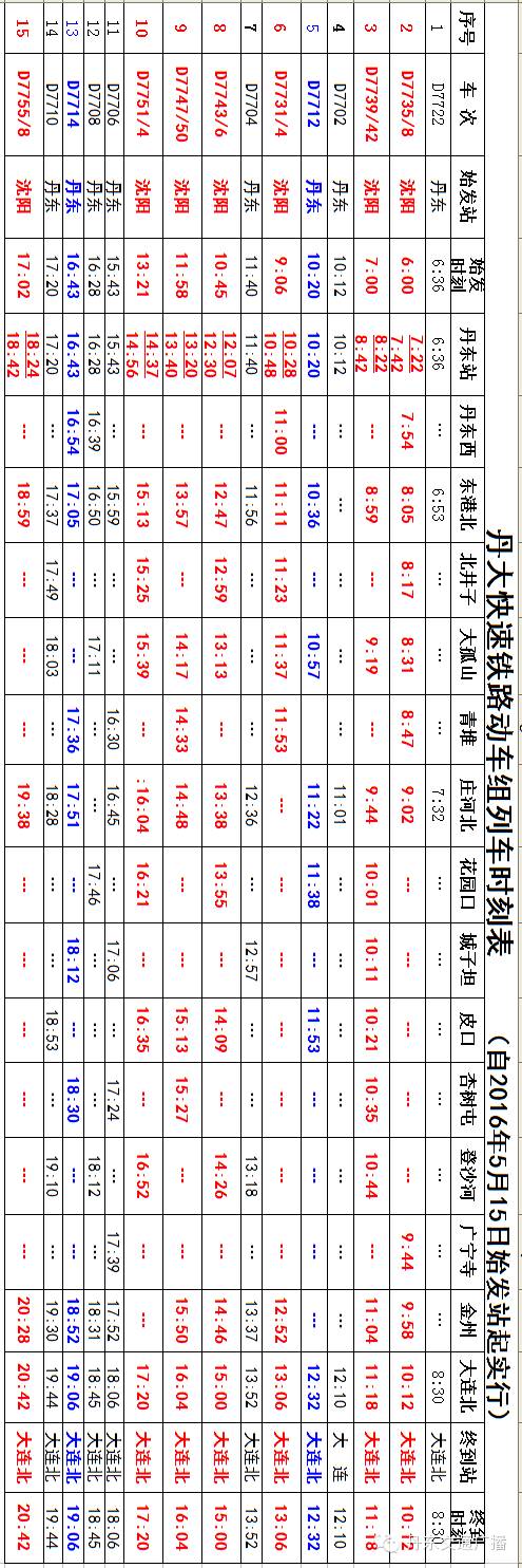 【全国铁路大调图】丹东站新版时刻表出炉(自2016.5.15起执行)