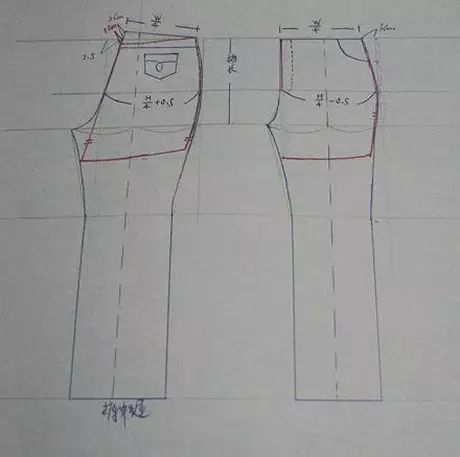 1,这是手绘的牛仔裤裁剪图,有些简陋不要笑话我哈,红线部分表示裙子
