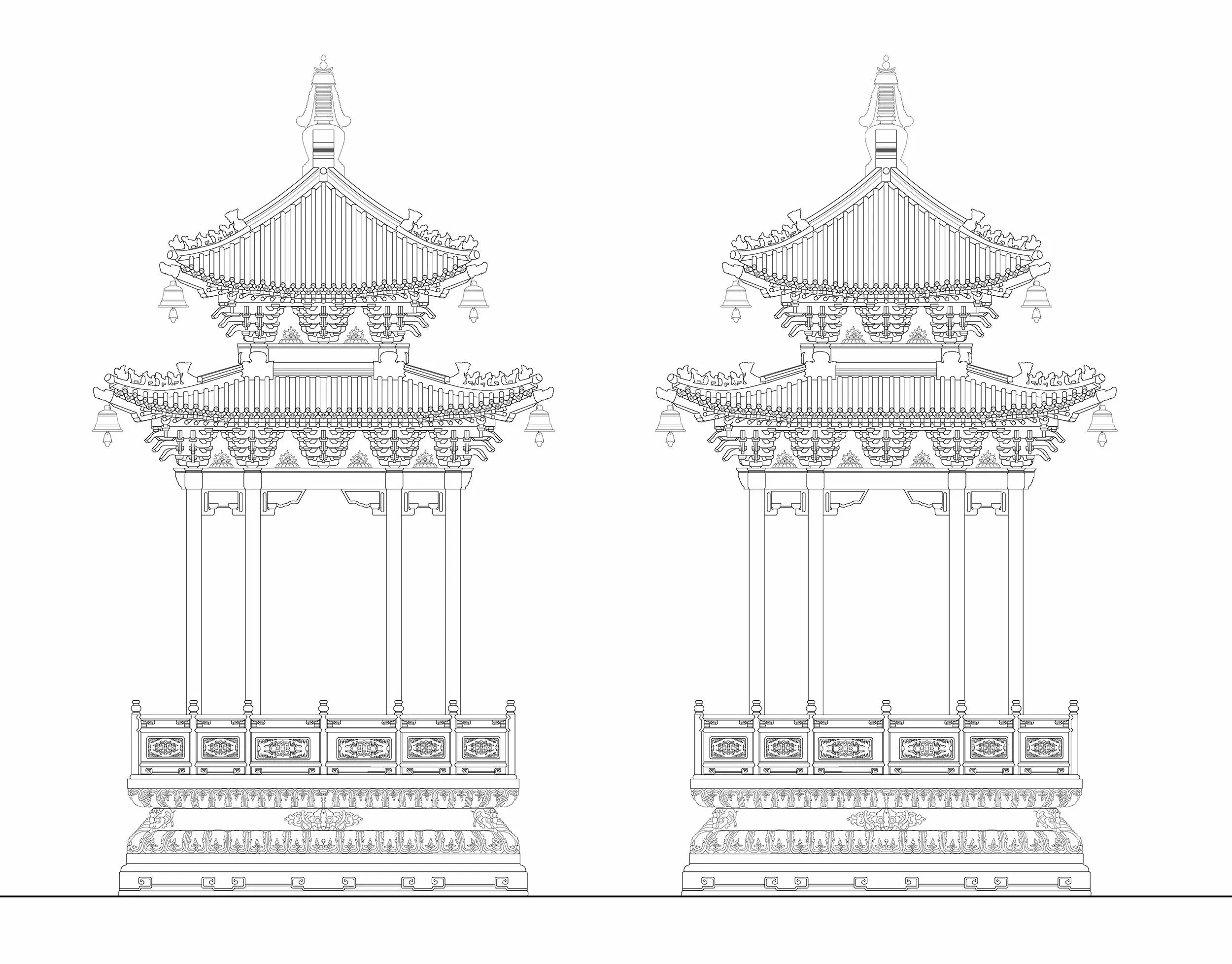 建筑主体采用明清皇家建筑中最高等级的重檐庑殿顶形式(北京故宫内最