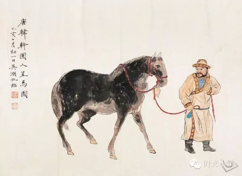 一位皇帝模样的人骑着白马,宫女宦官簇拥前后.并有许多庶