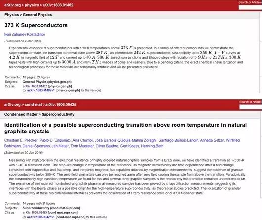 arXiv上关于室温以上超导电性的报道