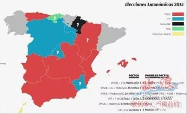 四年后，西班牙地方版图从以前的人民党蓝色换成社工党红色