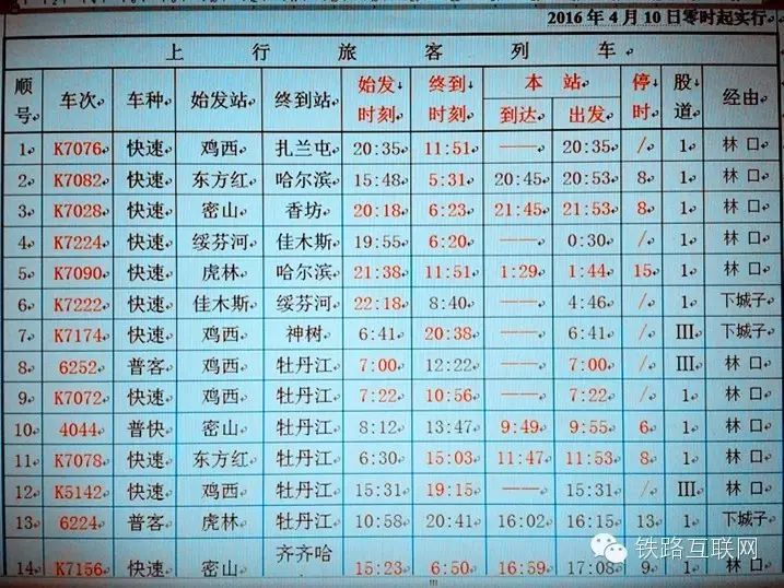 哈尔滨—虎林k7089次,虎林—哈尔滨k7090次; 齐齐哈尔—密山k7154/5次