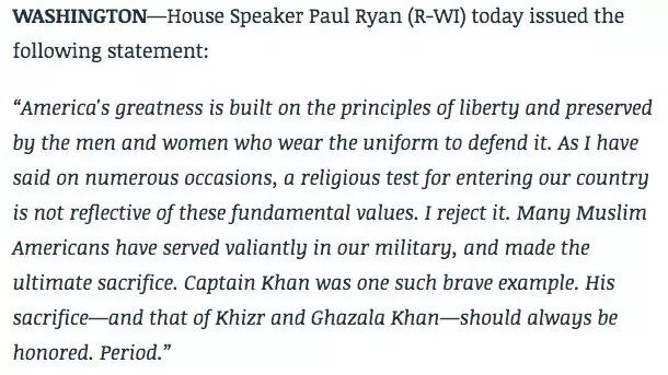 众议院议长Paul Ryan针对特朗普言论发表声明