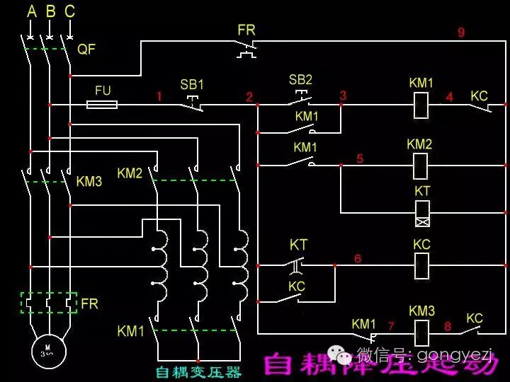 变压器降压启动)也是电工最常见电路之一,自动切换靠时间继电器kt完成