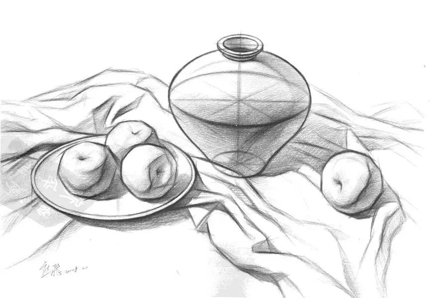 静物结构素描教程绘画步骤三 静物结构素描绘画步骤四:适度加上