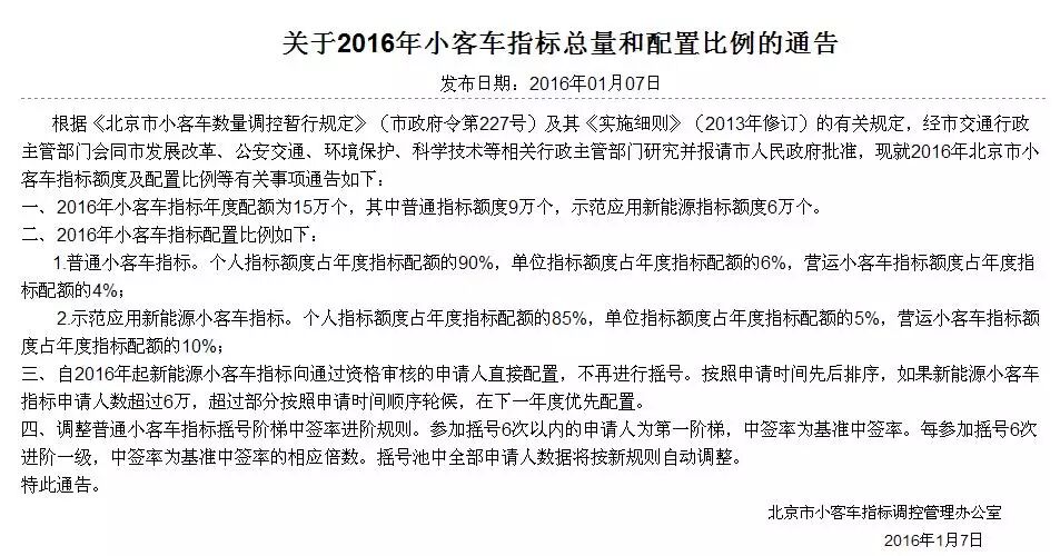 北京市小客车指标调控官网 北京2016年购车指标公布 摇号规则改变（附通告全文）