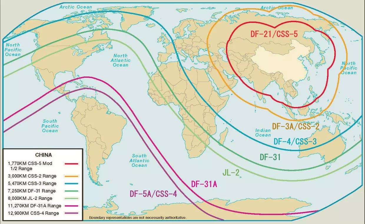维基百科展示的中国东风系列导弹射程覆盖范围