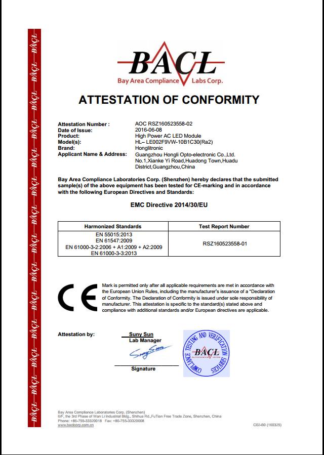 【喜讯】鸿利光电两款High Power AC LED Module通过CE认证