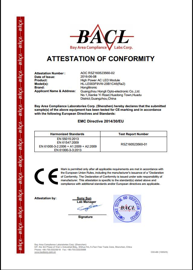 【喜讯】鸿利光电两款High Power AC LED Module通过CE认证