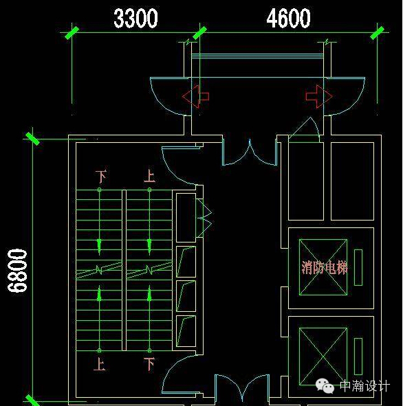 楼梯尺寸:开间2700mm/3300mm,进深7800mm /6800mm(防烟楼梯间两部)