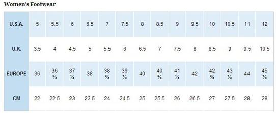 海淘鞋子尺码对照表