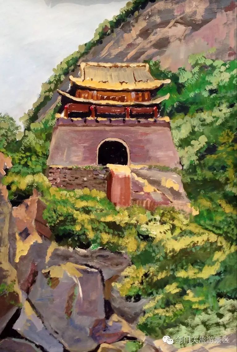 画家对于剑门关关楼的描摹可谓精致入微.
