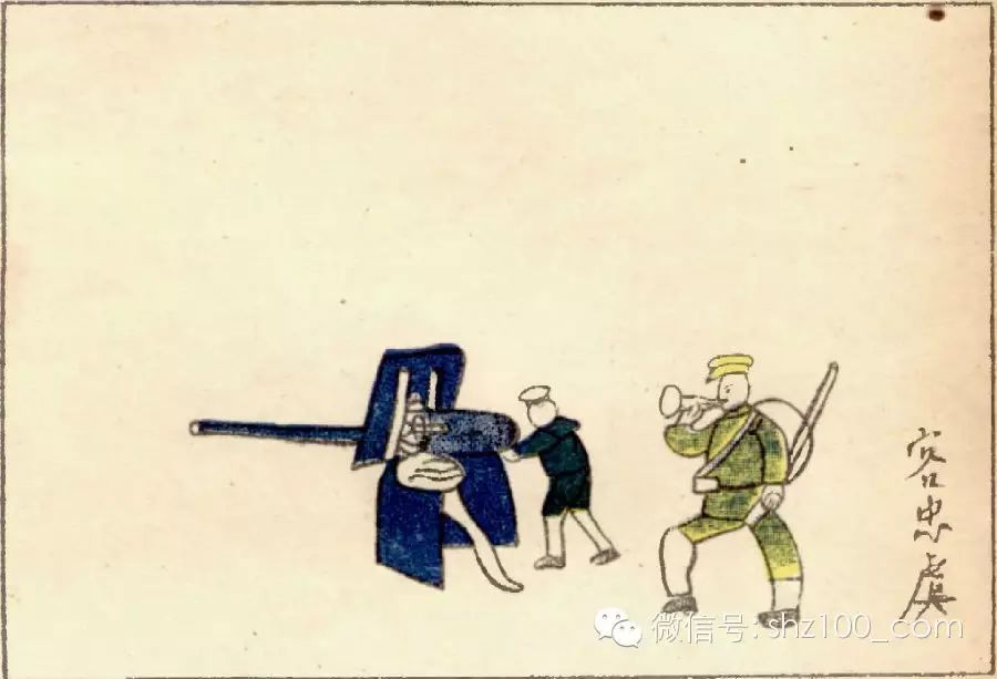 军人形象也是这些民国儿童画作的主题之一,这是容忠虞画的操演训练的