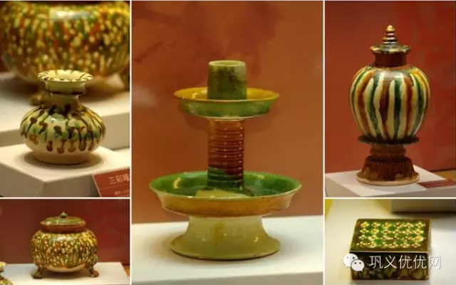 巩义窑 唐 三彩唾盂、三足炉、灯台、塔式盖罐、梅花枕