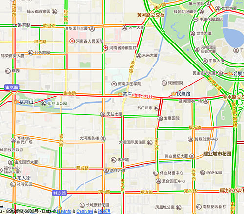 19点整：金水未来路口附近的晚高峰被大大延长，尤其是东明路、玉凤路和未来路的南向北方向尤为明显。