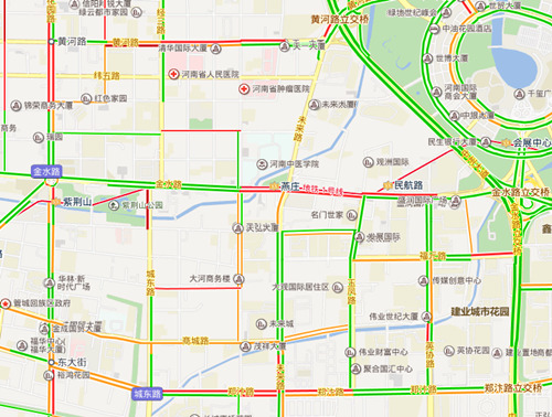 8点整：拥堵状况持续，金水路双向，城北路，郑汴路严重拥堵，其他路段通行状况相对较好。