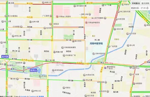 7点30分：拥堵开始，金水路西向东方向从城东路至未来路严重拥堵。