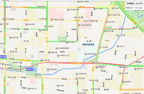 9点整：城市早高峰虽然结束，但金水路双向拥堵依旧，未来路北向南也速度缓慢。