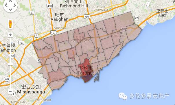 以上地图显示的是多伦多 44 个区的商业税收状况