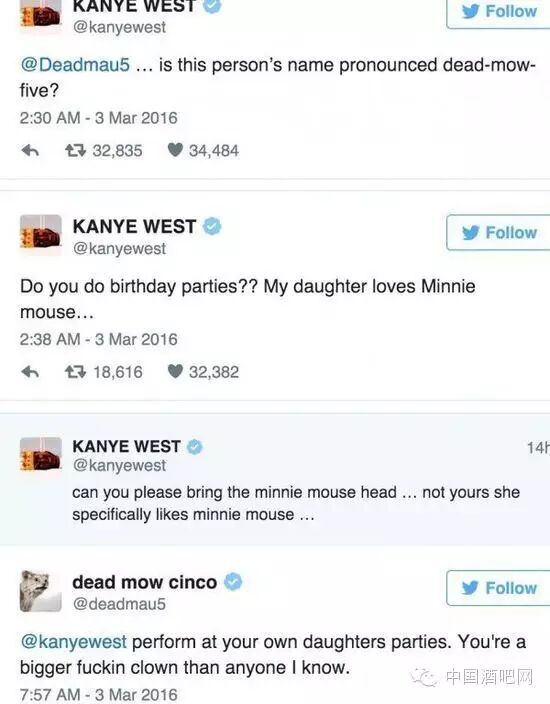 Kanye West和知名电音DJ Deadmau5推特开战